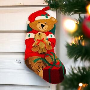 Crystal Snow Needlepoint Christmas Stocking 21inch  Vtg holiday Teddy bear decor